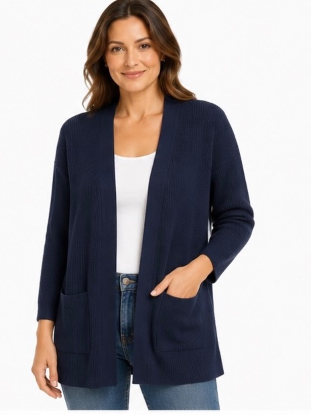 Cupio Chenille Cardigan Size Large – Navy Blue Open Front Longline Sweater with
